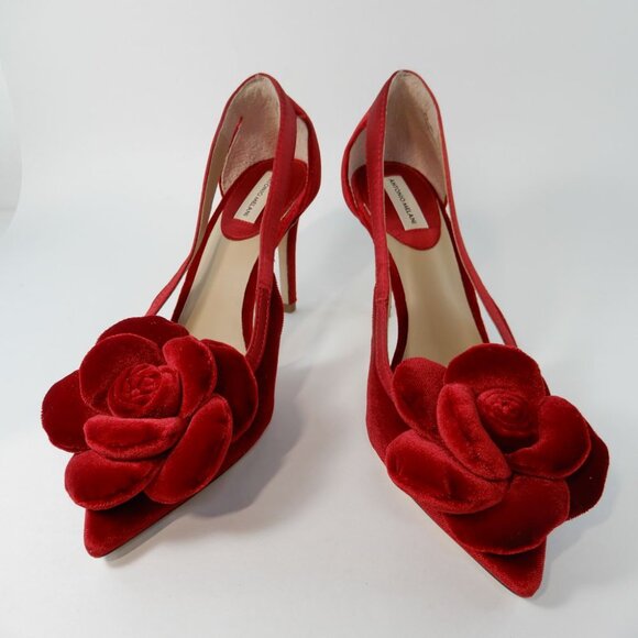 ANTONIO MELANI Ester Velvet Red Flower Heel Pumps Size 6.5 Pointed Toe NEW - Picture 3 of 16